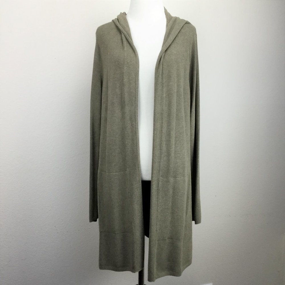 Eileen Fisher Olive Green Hooded Long Cardigan | Size Large